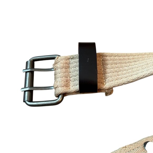 Vintage 90's Grunge Distressed Double Grommet Canvas Belt Beige - Picture 3 of 7